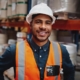 A male warehouse worker with a big smile